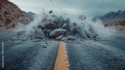 A massive pile of rocks and boulders lies scattered on a deserted mountainous road, creating an impassable blockade under a cloudy sky. photo