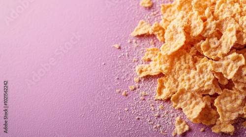 An artistic arrangement of golden corn flakes scattered across a pastel pink background, showcasing the texture and color of the breakfast cereal. photo