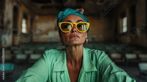 A confident woman dons a vibrant green outfit complemented by bold yellow sunglasses, capturing an atmosphere of avant-garde fashion in an intriguing setting. photo