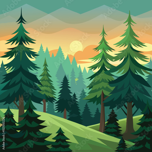 Seamless border of evergreen trees forest silhouette, vector design on a white background