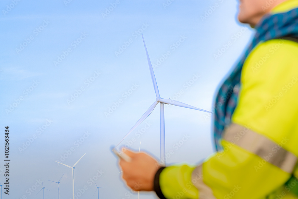 Workers in high visibility jackets examine a wind turbine farm, one pointing towards the turbines while the other holds a mobile device. The scene emphasizes renewable energy and modern technological. Workers in high visibility jackets examine a wind turbine farm, one pointing towards the turbines while the other holds a mobile device. The scene emphasizes renewable energy and modern technological.