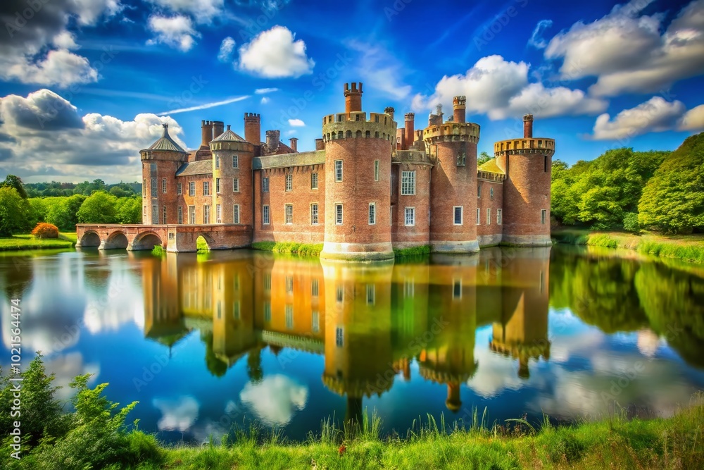 Fototapeta premium Stunning Herstmonceux Castle in East Sussex Surrounded by Lush Green Landscapes and Blue Sky