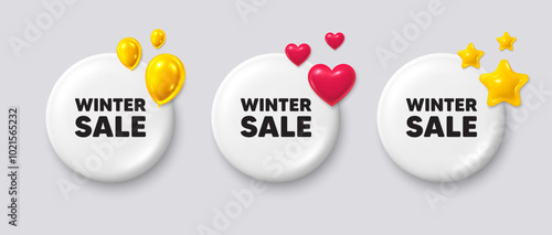 White buttons with 3d icons. Winter Sale tag. Special offer price sign. Advertising Discounts symbol. Winter sale button message. Banner badge with balloons, stars, heart. Social media icons. Vector