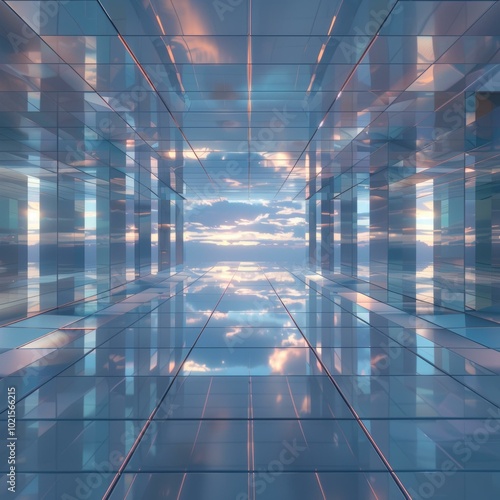 Futuristic glass tunnel with blue sky and clouds