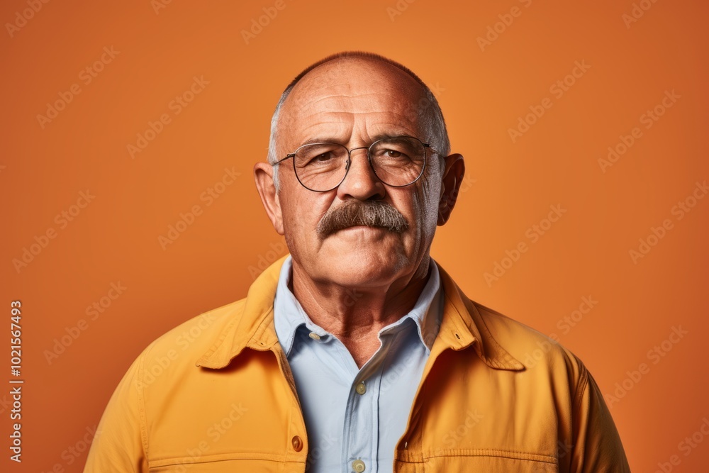 Portrait of an old man with a mustache and glasses on an orange background Portrait of an old man with a mustache and glasses on an orange background