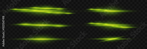 Set of green light laser beams. Horizontal neon lines of light.