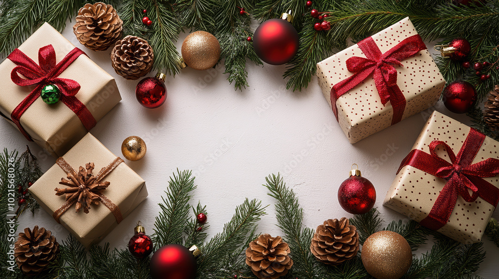 Festive arrangement of beautifully wrapped Christmas gifts surrounded by pine cones, ideal for capturing the joyful spirit of holiday celebrations. Festive arrangement of beautifully wrapped Christmas gifts surrounded by pine cones, ideal for capturing the joyful spirit of holiday celebrations.