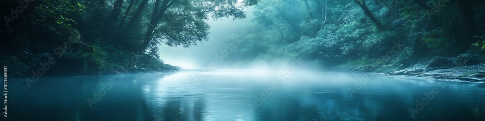 A serene, misty river with soft reflections and space for text A serene, misty river with soft reflections and space for text