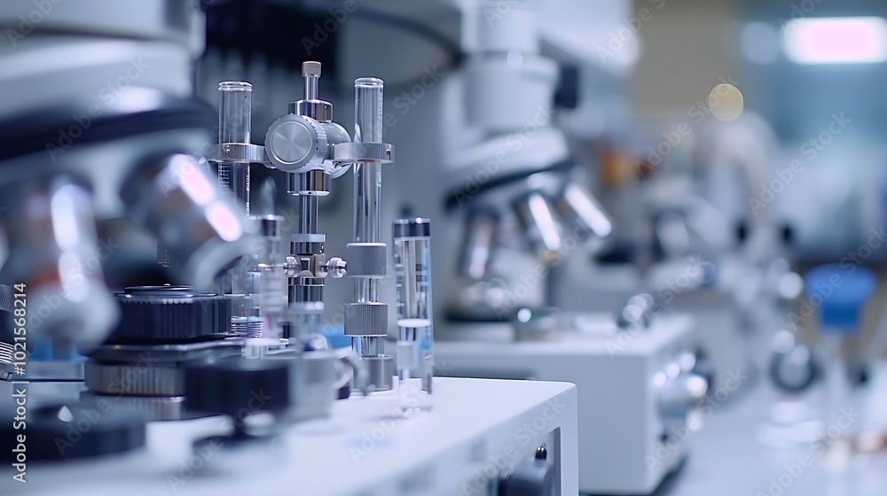 Close-up view of precision scientific instruments on a clean lab bench, taken in high-definition photography Close-up view of precision scientific instruments on a clean lab bench, taken in high-definition photography
