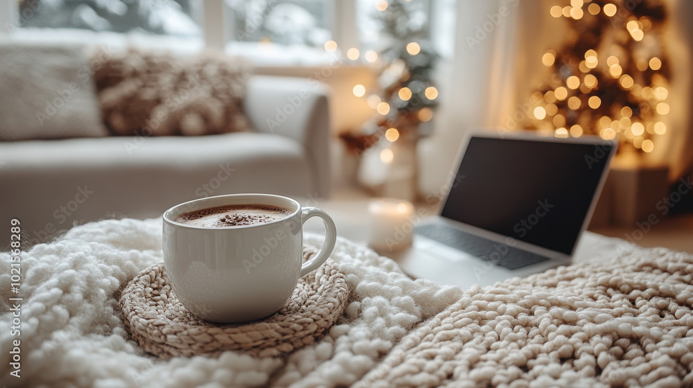 Cozy indoor scene featuring a hot beverage and winter decor, evoking warmth and comfort, ideal for lifestyle and home-themed projects. Cozy indoor scene featuring a hot beverage and winter decor, evoking warmth and comfort, ideal for lifestyle and home-themed projects.