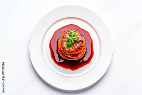 A delicious stack of lasagna served on a white plate with tomato sauce and fresh basil.