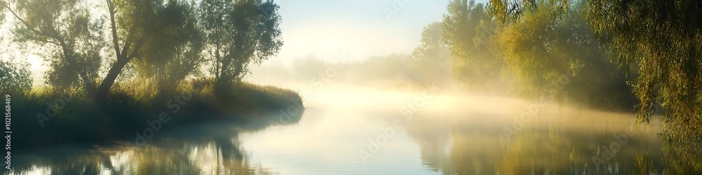 A serene, misty river with soft reflections and space for text A serene, misty river with soft reflections and space for text