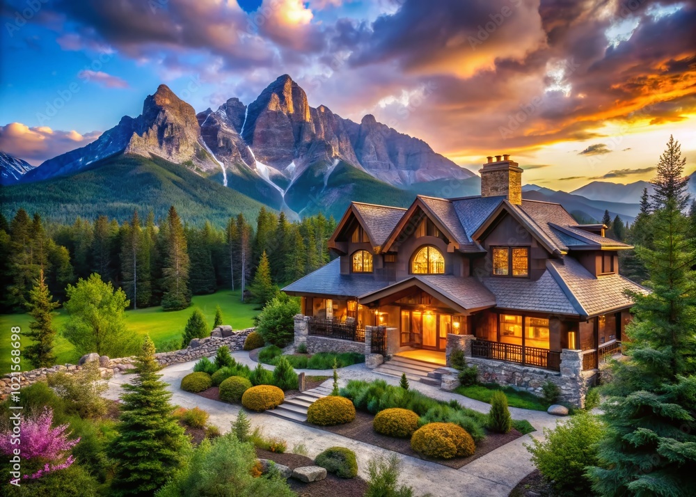 Fototapeta premium Stunning Luxury Mountain Home Surrounded by Majestic Peaks and Lush Greenery in Serene Landscape