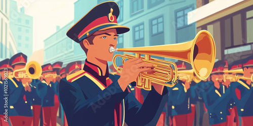 Trumpet player performing in marching band during parade, illustration art