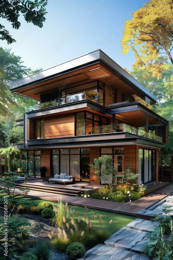 Modern Wooden House Exterior Design Illustration Modern Wooden House Exterior Design Illustration