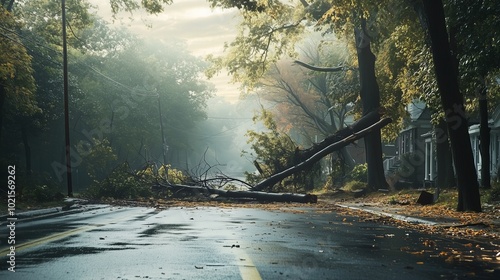 A street where a large tree fell, blocking the road. Foliage and branches are scattered on the wet road surface after rain.