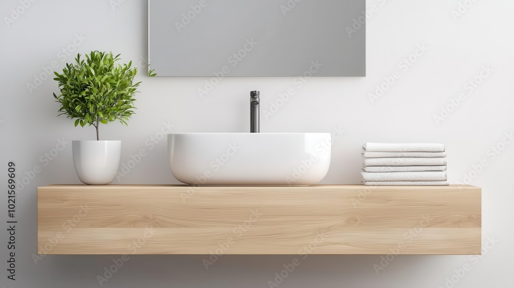 Minimalist bathroom with a rectangular sink, floating cabinetry, and light wooden accents, modern interior, functional design Minimalist bathroom with a rectangular sink, floating cabinetry, and light wooden accents, modern interior, functional design