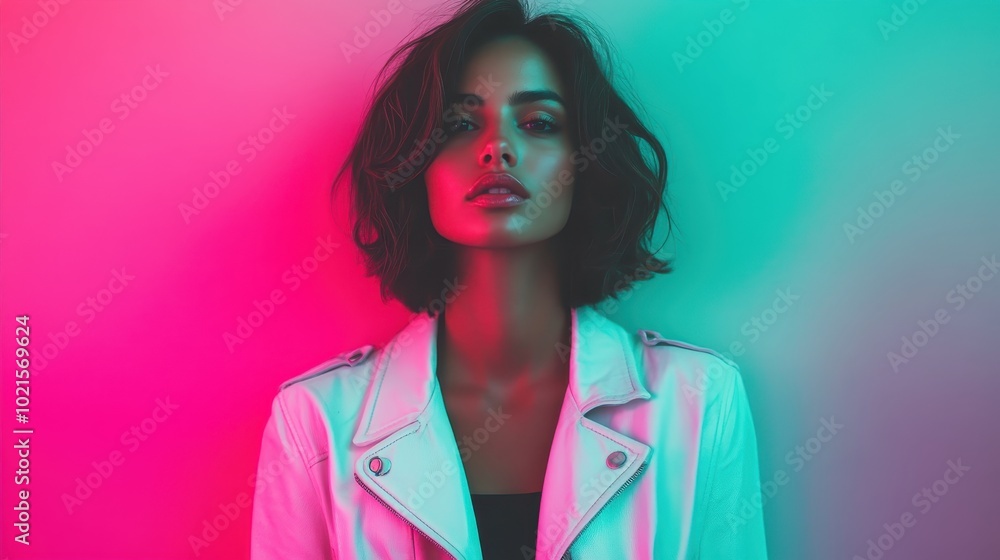 A woman gazes into the camera, clad in a white jacket, with her surroundings bathed in vibrant hues of pink and teal, exuding a striking presence and flair. A woman gazes into the camera, clad in a white jacket, with her surroundings bathed in vibrant hues of pink and teal, exuding a striking presence and flair.