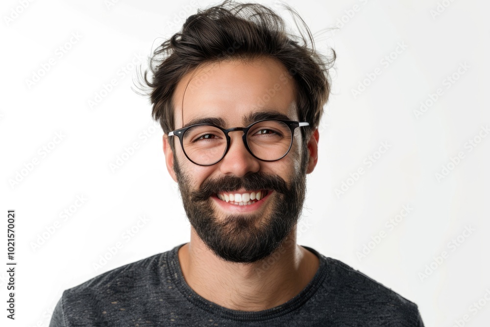 Young handsome man with beard over isolated white background with glasses and smiling Young handsome man with beard over isolated white background with glasses and smiling