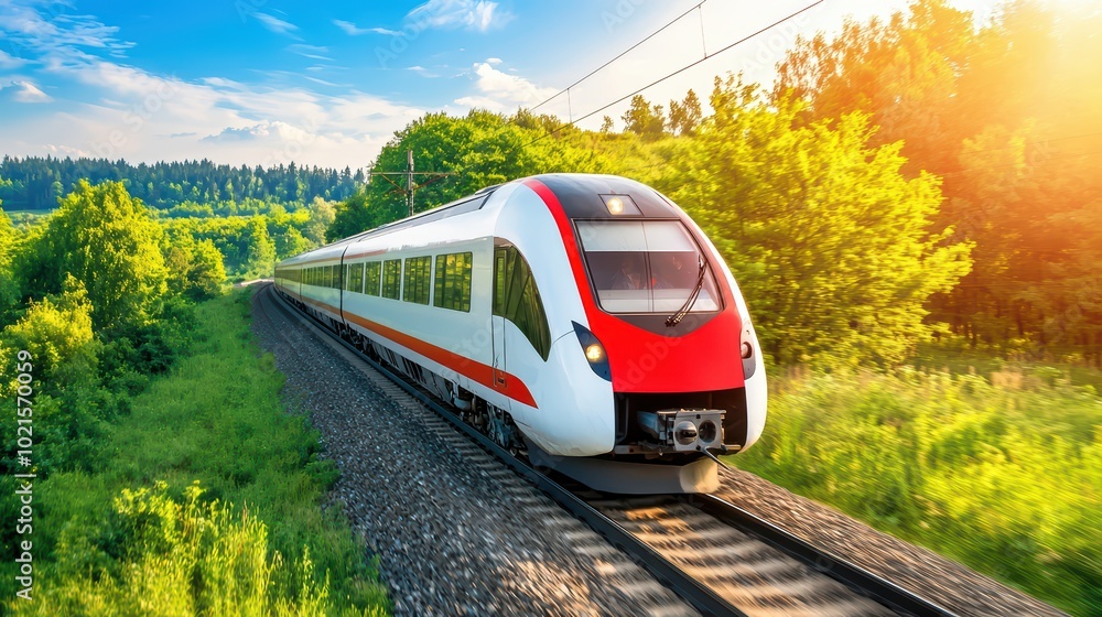 Fototapeta premium A modern train traveling on a scenic railway surrounded by lush greenery under a bright sky.