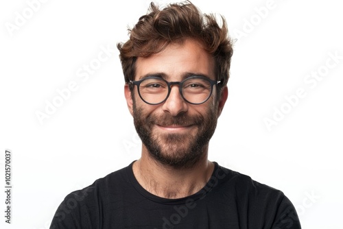 Young handsome man with beard over isolated white background with glasses and smiling