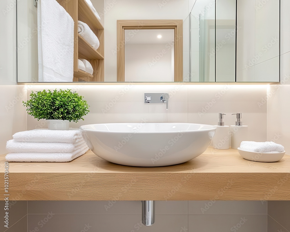 Functional bathroom with a sleek pedestal sink, large mirror, and built-in storage, minimalist bathroom, functional layout Functional bathroom with a sleek pedestal sink, large mirror, and built-in storage, minimalist bathroom, functional layout