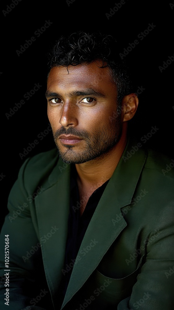 Fototapeta premium Bold portrait photography highlighting elegance in deep green suit for digital media design