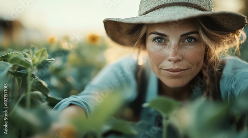 A woman leans forward, closely interacting with sunflowers while wearing a straw hat, portraying a harmonious blend with nature in an agricultural setting.