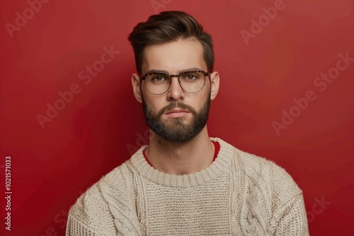 Serious young man in glasses and sweater on red background.