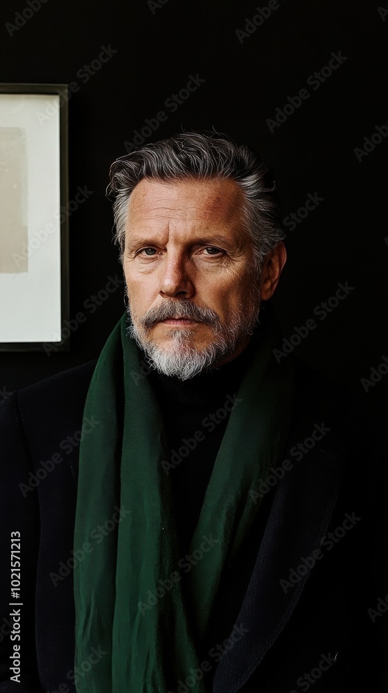 Editorial portrait of a man wearing green scarf for fashion and media applications Editorial portrait of a man wearing green scarf for fashion and media applications