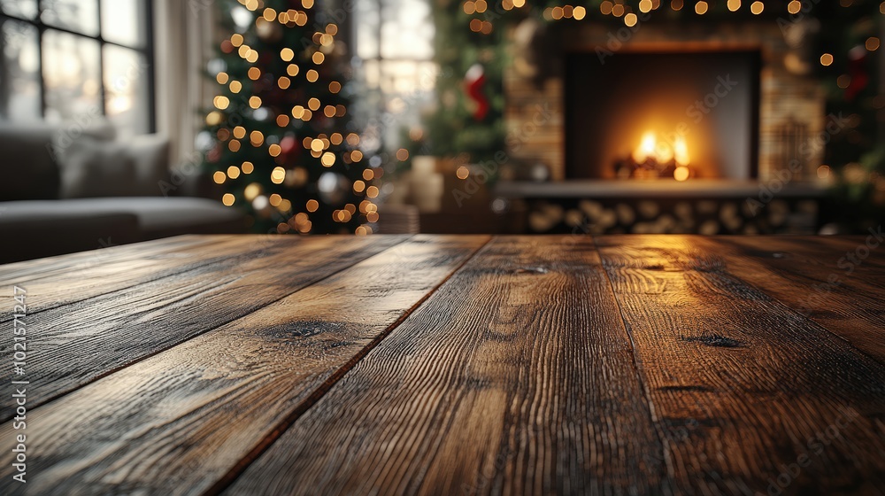 Christmas background. An empty wooden table in the foreground, a burning fireplace, a Christmas tree and Christmas decorations in the background Christmas background. An empty wooden table in the foreground, a burning fireplace, a Christmas tree and Christmas decorations in the background