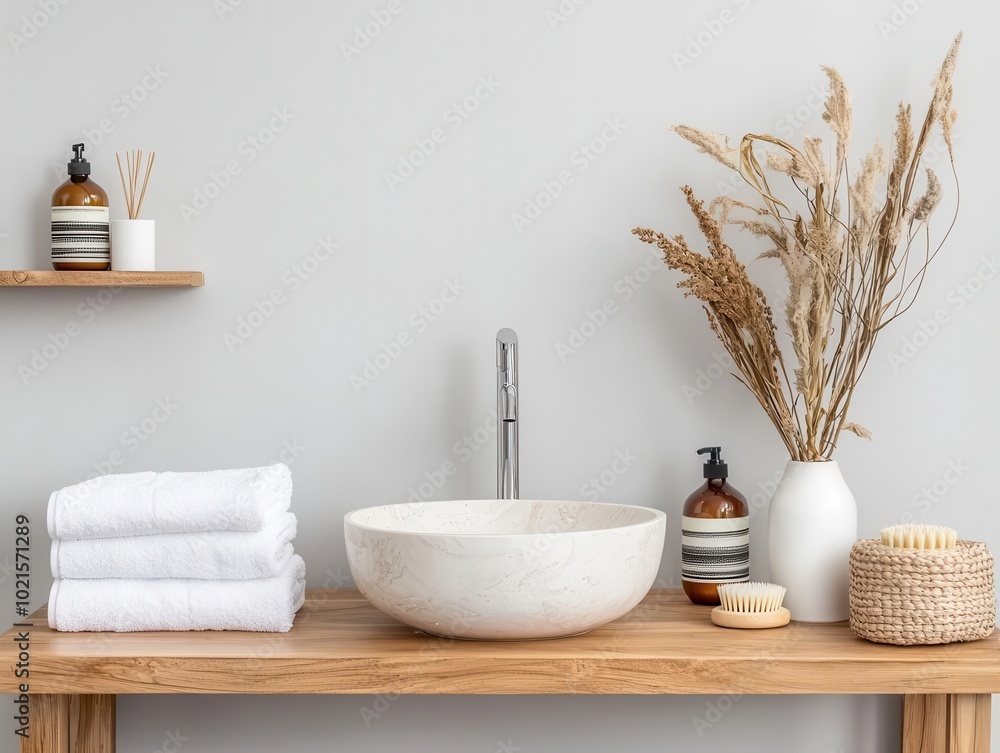 Luxury bathroom with a sleek marble sink, floating wooden vanity, and smart storage solutions, functional elegance, modern bathroom Luxury bathroom with a sleek marble sink, floating wooden vanity, and smart storage solutions, functional elegance, modern bathroom