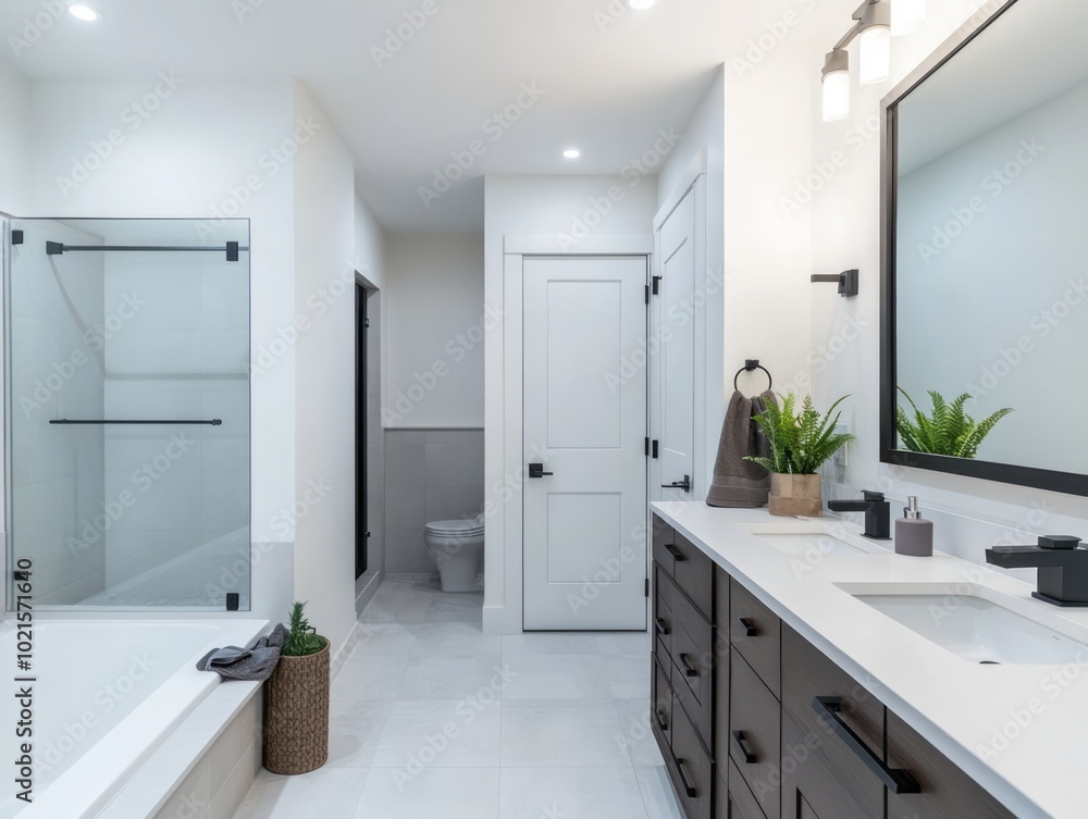 Bright white walls in a modern bathroom with a large mirror and recessed lighting Bright white walls in a modern bathroom with a large mirror and recessed lighting