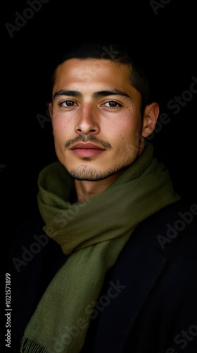 Expressive portrait of a man with green scarf for editorial use photo