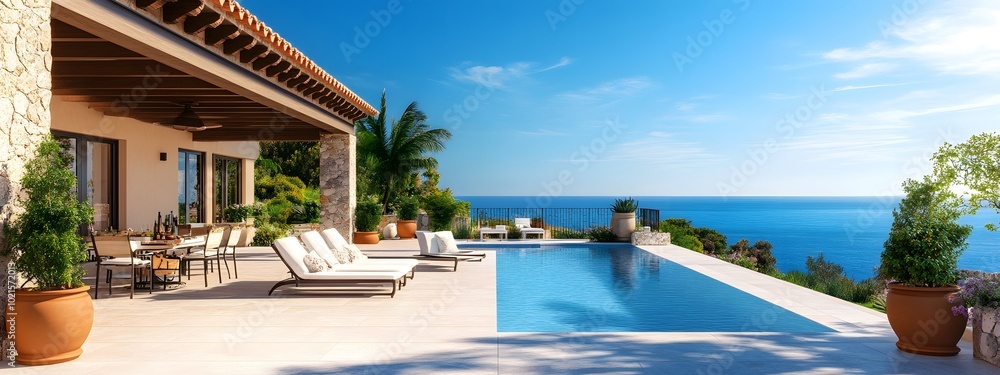 Fototapeta premium Elegant villa with terracotta roof tiles, pool, surrounded by lush gardens and overlooking the Mediterranean Sea