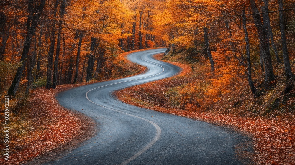Naklejka premium A winding asphalt road through an autumn forest with vibrant fall foliage.