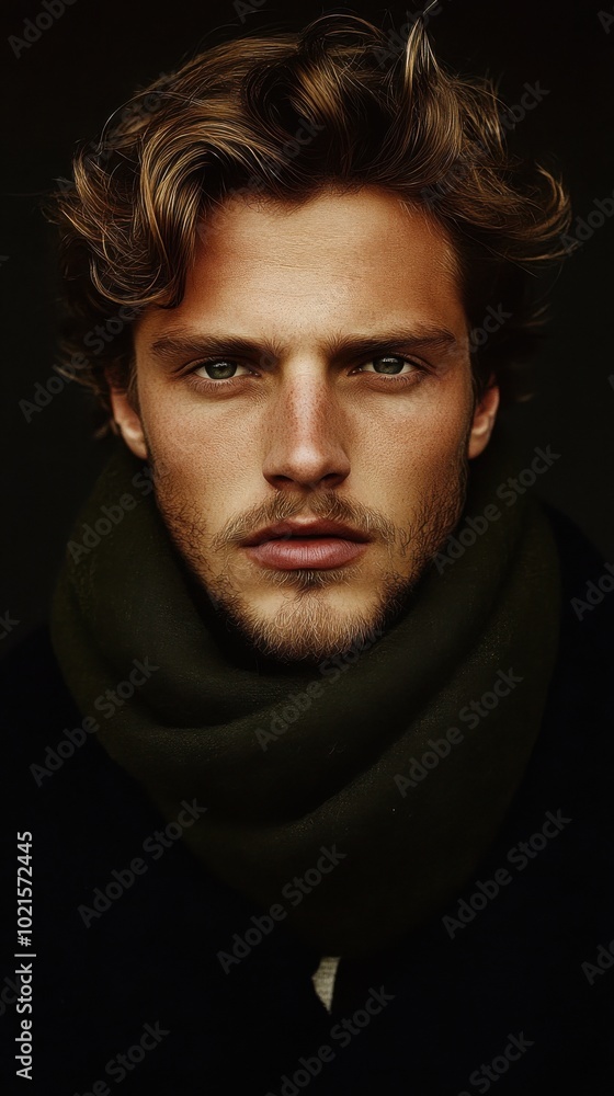 Fototapeta premium Male model with deep green scarf: fashion and style inspiration for seasonal designs