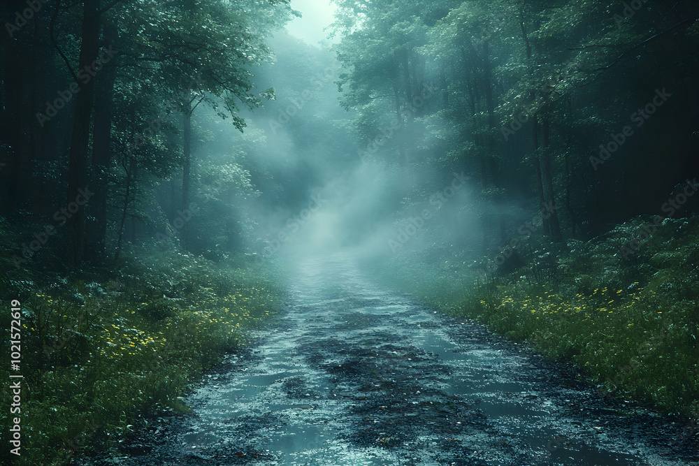 Obraz premium Misty Forest Path - A 3D Illustration of a Path Through a Foggy Forest