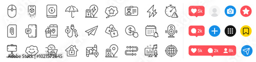 Map, Attention and Charging cable line icons pack. Social media icons. Locks, Methodology, Charging station web icon. Phone message, Power bank, Seo internet pictogram. Vector