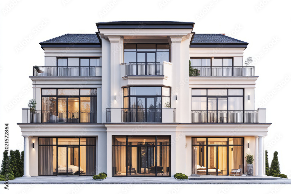 Fototapeta premium Front view of a luxury apartment exterior design isolated on a white background