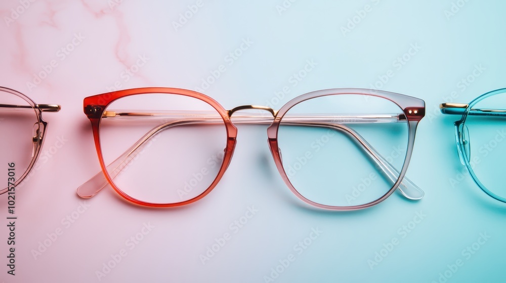 Fototapeta premium Three pairs of eyeglasses showcasing various modern styles with colorful frames are arranged on a lively pastel marble background, illustrating fashionable elegance.