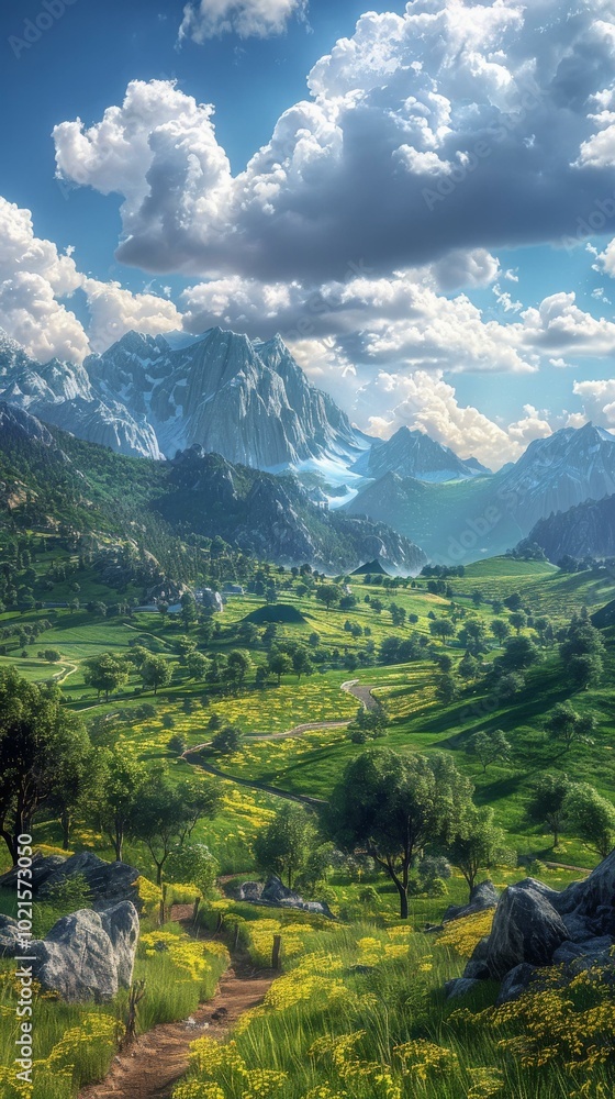 Obraz premium Beautiful Mountain Valley Landscape Illustration