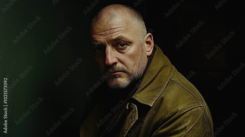 Obraz premium Portrait of a man in green jacket - moody lighting and thoughtful expression