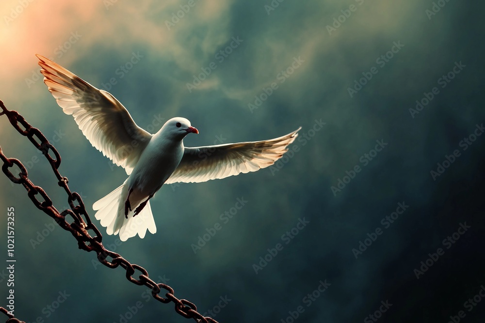 Fototapeta premium a white bird is flying over a chain