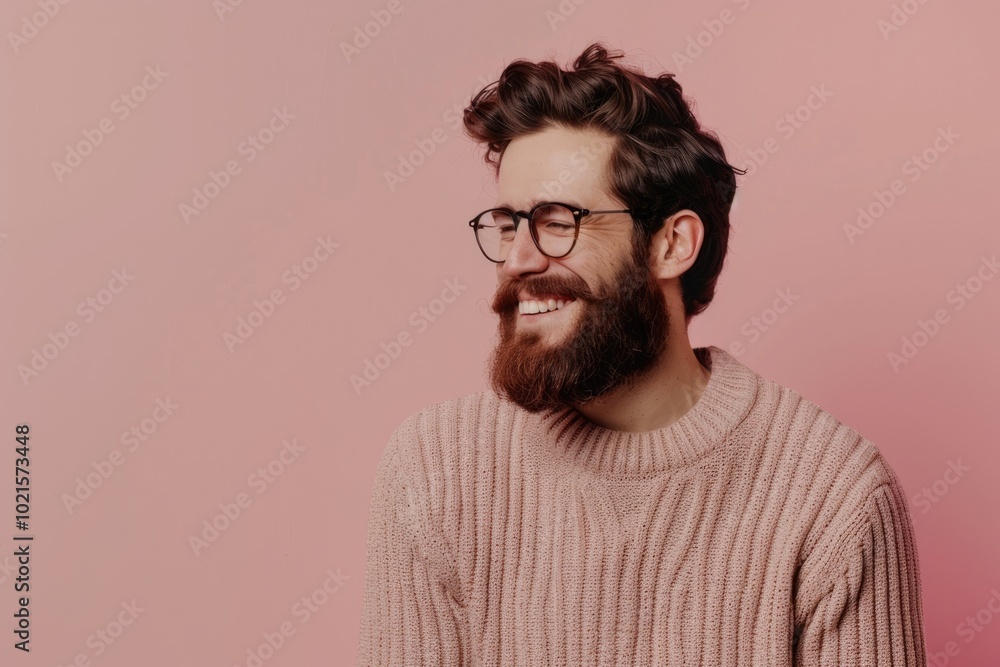 Confident young man with beard and glasses smiling happily Confident young man with beard and glasses smiling happily