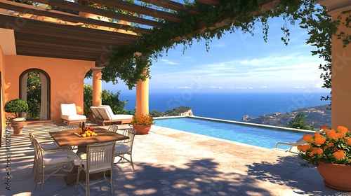 Fototapeta Naklejka Na Ścianę i Meble -  Elegant villa with terracotta roof tiles, pool, surrounded by lush gardens and overlooking the Mediterranean Sea