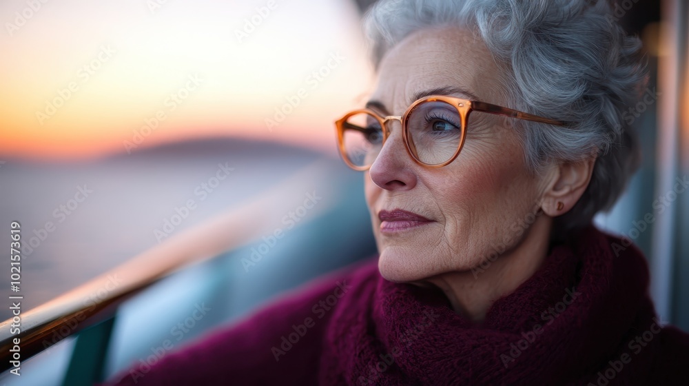A thoughtful woman wearing glasses ponders at sea while on a cruise ship, surrounded by the gentle hues of sunset, representing a tranquil and reflective mood. A thoughtful woman wearing glasses ponders at sea while on a cruise ship, surrounded by the gentle hues of sunset, representing a tranquil and reflective mood.