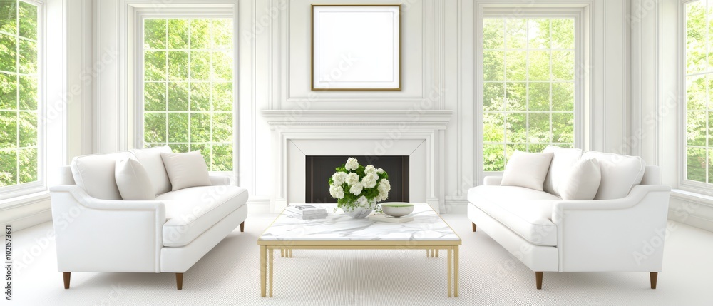 Fototapeta premium Bright and airy living room with white furniture, large windows, and a cozy atmosphere.