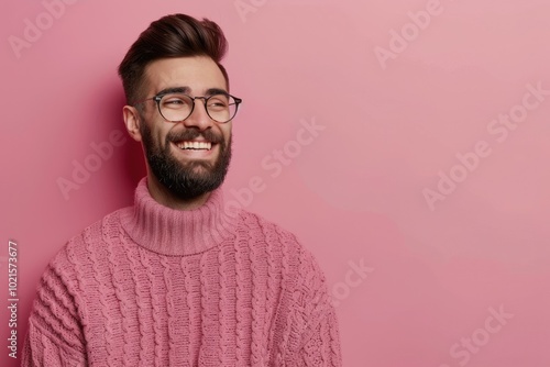 Confident young man with beard and glasses smiling happily