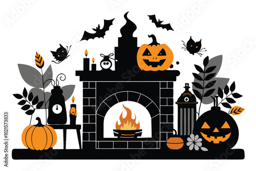 Fall and Halloween decorated cozy fireplace interior setting white background B.eps